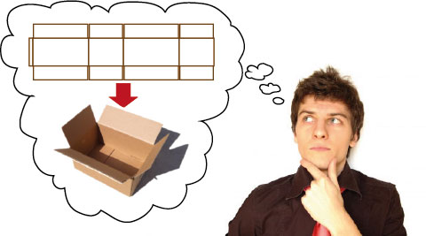 A person visualising a net of a box and the completed cardboard box.